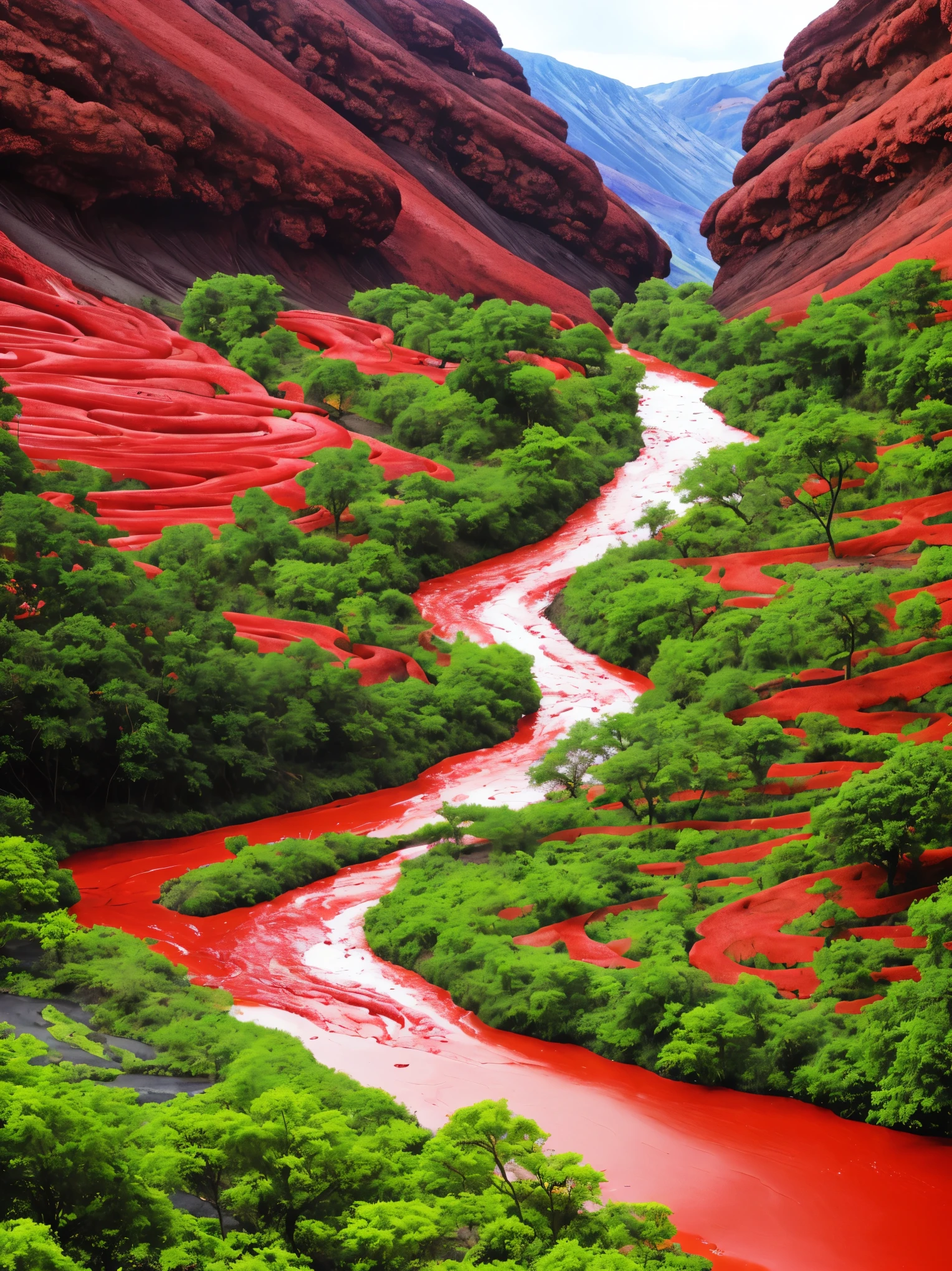 arafed stream of red water flowing through a lush green valley, an album cover by Juan Giménez, reddit, land art, lava river, red lava rivers, bloody river in hell, some red water, one million lave rivers, river of blood, lava rivers, pink slime everywhere, rivers of blood, red water, cant believe it is real