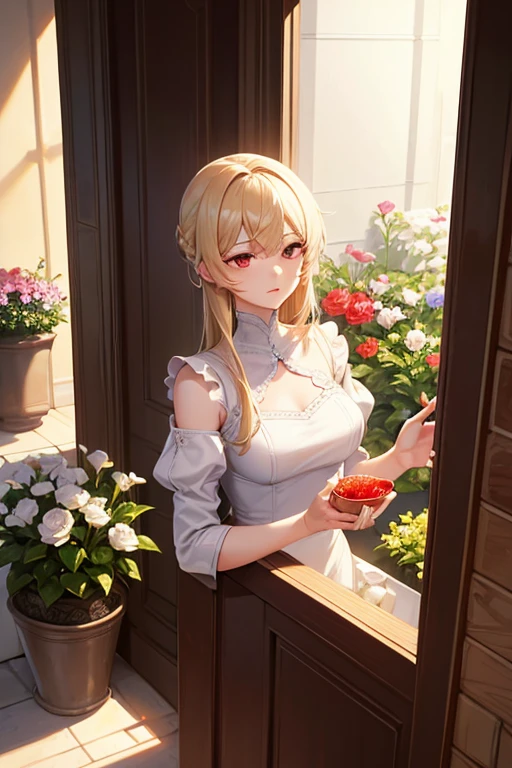 Very delicate and beautiful, wonderful, In detail, masterpiece, Very detailed, High resolution,Best illustrations, Best Shadow,Complex,Sharp focus,  high quality, 1 male, alone, Blonde. Red eyes, Kaveh Genshin Impact, Florist's storefront, Potted flowers, Flowers for sale