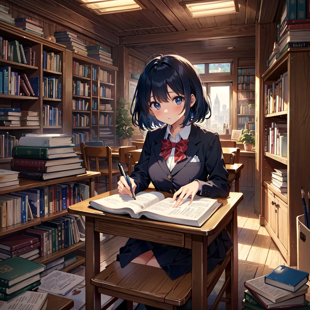 {{{Masterpiece, highest quality, high resolution background}}}, bright and beautiful atmosphere, 1 girl (, 1 short-tempered round face), 1 boy, 1 (hair, surface effects), poverty Breasts, a table in the library, school uniforms, a boy and a girl studying side by side, very blushing, thick reference books piled up in disarray on the desk, a mechanical pencil in hand. has "deltamon_sdXL :0.73)>Deltamon"