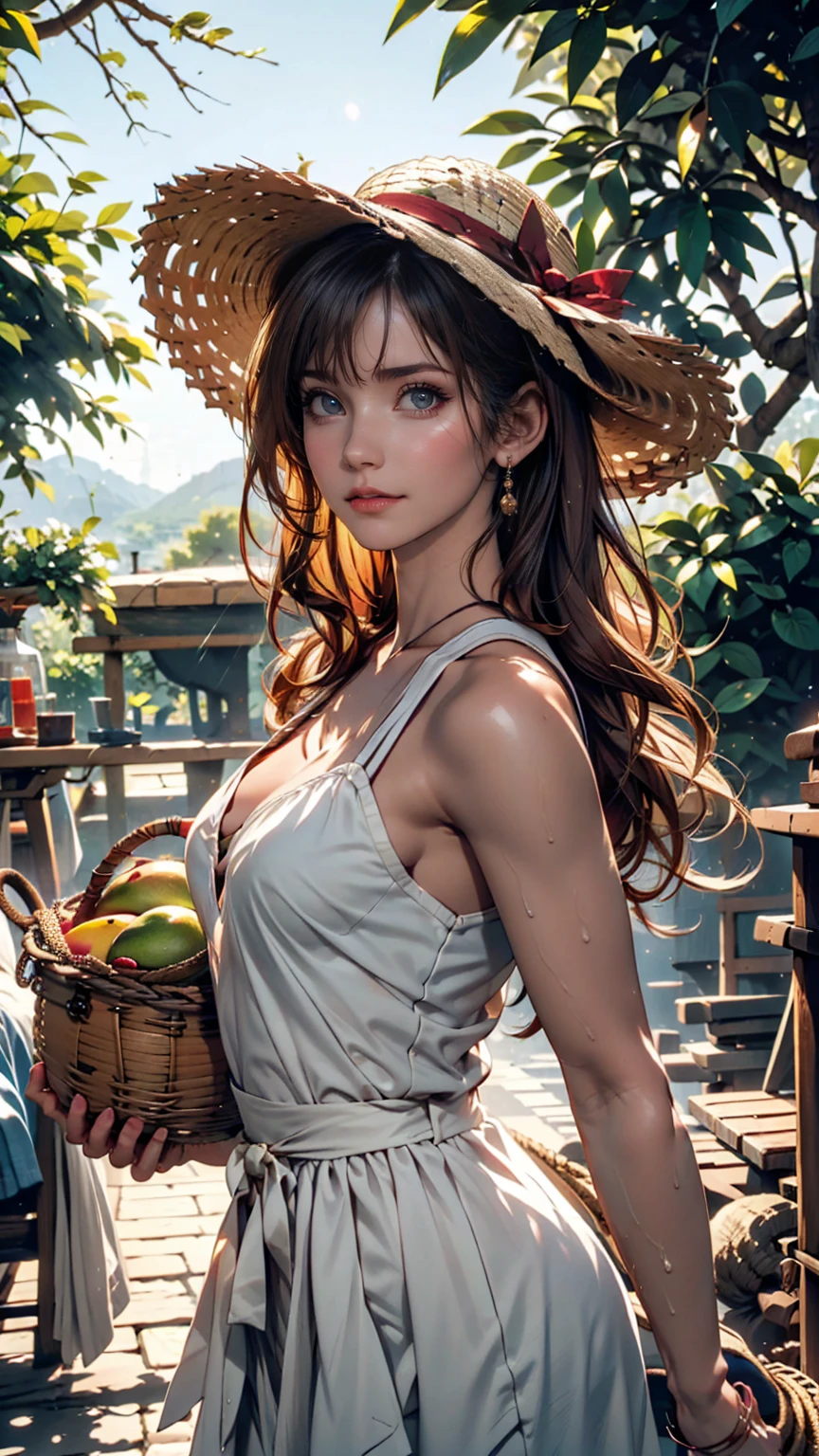 wallpaper, Mango season, Green plum tree, countryside, countryside,countryside道(Dirt)、Stone Wall、Warm Weather, Early morning sun, Morning sunshine shining from the mountain ridge、HD detailed, Wet Watermark, Hyper Detail, Cinematic, Surrealism, Soft Light, Deep focus bokeh, Ray Tracing, diffusion (Ultrafine glass reflection) and Surrealism. --v6、Straw hat(Long ribbon decoration)、Sheer summer dresses、Woven rattan basket(With handle、A bunch of harvested mangoes)、Lace-up sandalango Harvest、