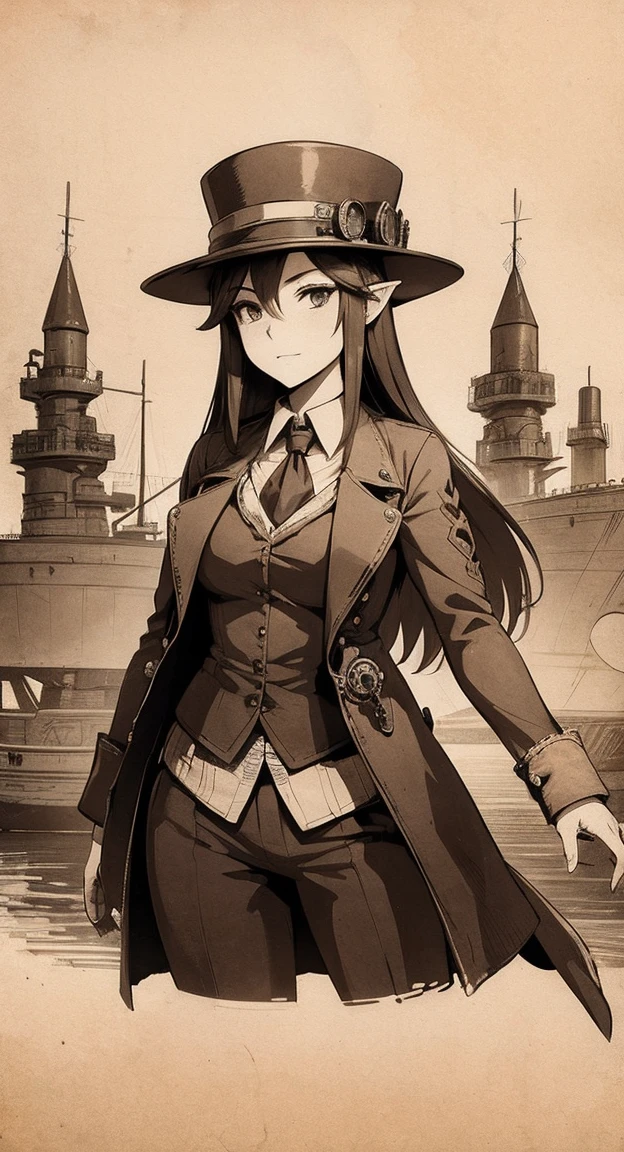 Sophisticated Hylia, hat, steampunk suit, airship, muted colors, red filter, old worn photo, faded ink,