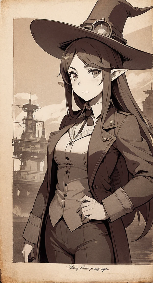 Sophisticated Hylia, hat, steampunk suit, airship, muted colors, red filter, old worn photo, faded ink,