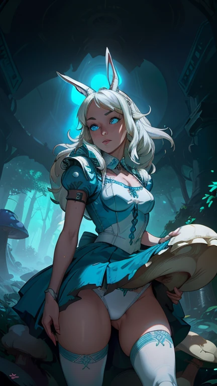 (La Best Quality,A high resolution,Ultra - detailed,actual),Alice Wonderland, short blue dress, white thigh stockings, long yellow hair, ,(Cyberpunk dark forest ruined dungeon ruins background :1.4 ), 8K more detailed.unreal engine:1.4,HD,La Best Quality:1.4, photorealistic:1.4, skin texture:1.4, masterpiece:1.8,first work, Best Quality,object object], (detailed facial features:1.3),(The correct proportions),  (cowboy pose),( Alice Wonderland:1.4), (Alice Wonderland V2.1), (perfect anatomy :1.4),( not mutations), (Alicia Liddell Disney:1.4), (dynamic cowboy pose), (detailed face :1.4), (showing panties), (cinematic lighting :1.4), score_9, score_8_above, score_7_above, score_6_above, classification_explicit, 1 girl, ((18 years:1.2)), adult, full lips, big light eyes, blue eyes, ((by rubio:1)), (long wavy hair: 1.2),( white rabbit ears:1.4 ), (forest background big trees and giant neon mushrooms :1.4), (skirt lifted by itself: 1.1), (skirt lift: 1.3), (showing white panties: 1.3), (detailed eyes beautiful :1.4) 