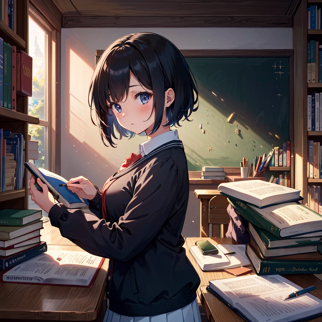 {{{Masterpiece, highest quality, high resolution background}}}, bright and beautiful atmosphere, 1 girl (2 years old, 1 short-tempered round face), 1 boy, 1 (hair, surface effects), poverty Breasts, a table in the library, school uniforms, a boy and a girl studying side by side, very blushing, thick reference books piled up in disarray on the desk, a mechanical pencil in hand. has "deltamon_sdXL :0.73)>Deltamon"