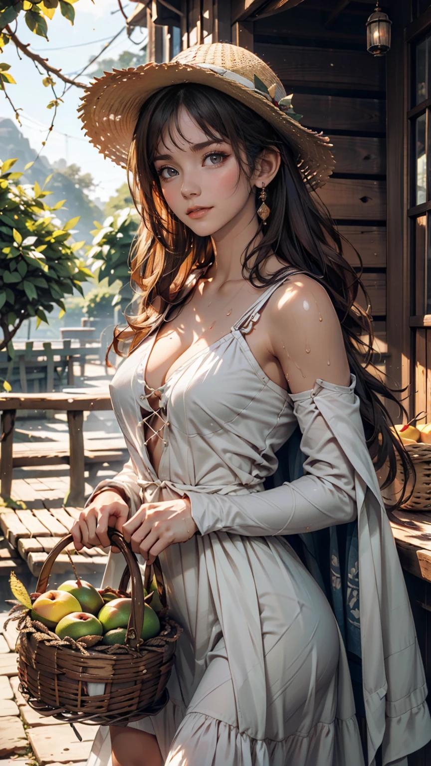 wallpaper, Mango season, Green plum tree, countryside, countryside,countryside道(Dirt)、Stone Wall、Warm Weather, Early morning sun, Morning sunshine shining from the mountain ridge、HD detailed, Wet Watermark, Hyper Detail, Cinematic, Surrealism, Soft Light, Deep focus bokeh, Ray Tracing, diffusion (Ultrafine glass reflection) and Surrealism. --v6、Straw hat(Long ribbon decoration)、Sheer summer dresses、Woven rattan basket(With handle、A bunch of harvested mangoes)、Lace-up sandalango Harvest、