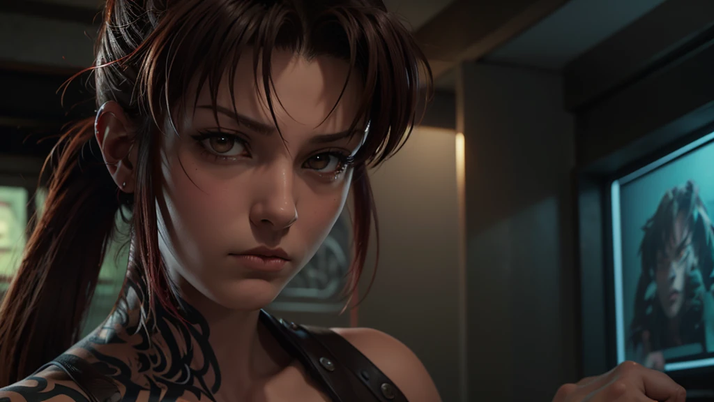 Revy from black lagoon, neon lights, The artwork is rendered in an edgy and realistic style, with high attention to detail and sharp focus. The colors are vivid and contrasted, with a slight desaturation to create a moody atmosphere. shadowy highlights enhancing the overall composition. The medium used is a digital illustration, with a touch of photo-realistic elements to add depth and texture to the image. The final result is a masterpiece in ultra-high resolution,