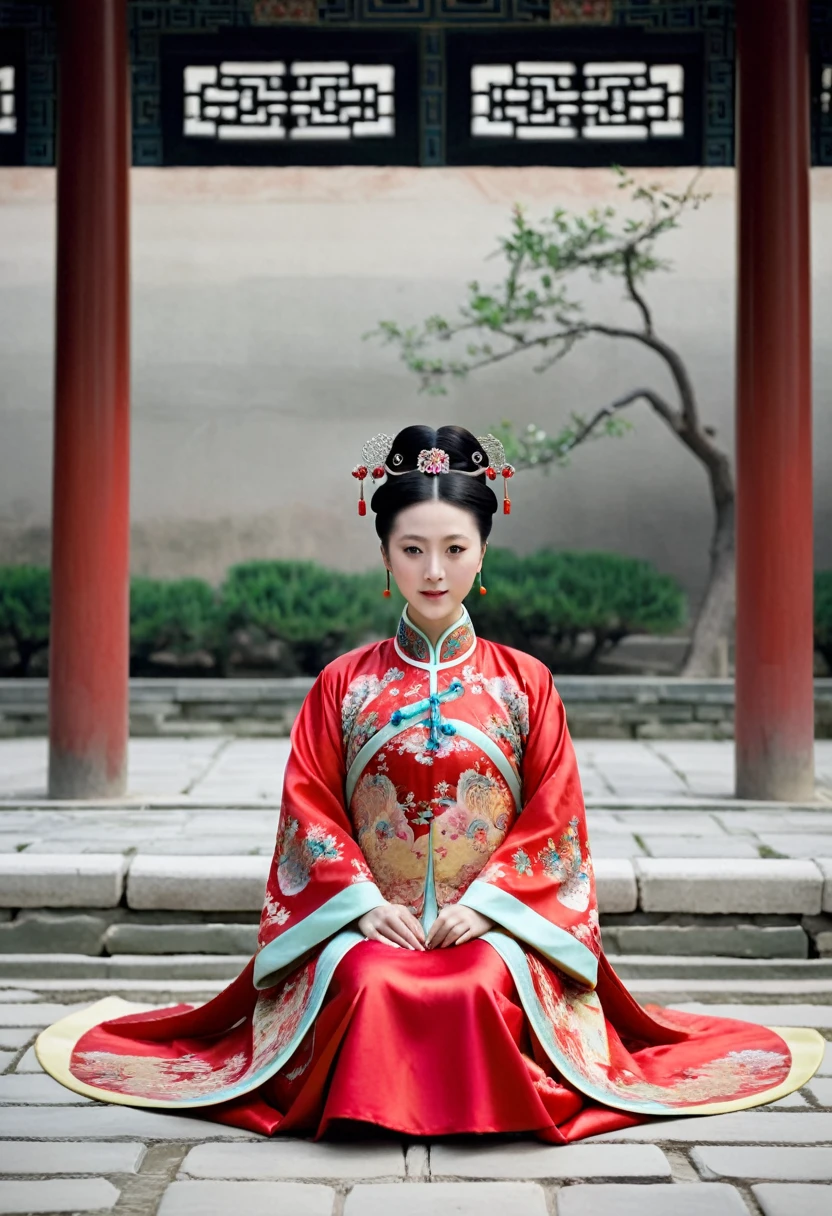 A woman seen from the front, sitting on the ground facing forward with her legs apart. Empress of the Qing Dynasty, Chinese imperial court. The Chinese empress is wearing a crown and a red Manchu dress with a floral pattern, open at the front, exposing her chest, lower abdomen, thighs and feet.。She is wearing no underwear, and her large breasts are exposed, right down to her bare stomach. Her hair is tied up and pulled up, and the background is the stone pavement of the Chinese palace of the Qing Dynasty.
