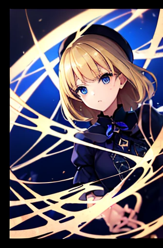 (dark blue eyes:1.2),(((Gloria))) (((Lolita Fashion))), ((myth)), ((medium blonde hair)) wearing a beret .Beyond Time and Space、intricate detailes、Elegant and mysterious、The most beautiful forms of chaos like glasswork、Delicate、Glasswork、girl, Cute、dynamic angle、Transparency