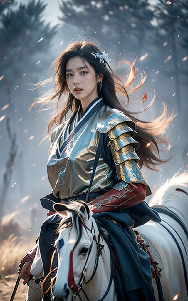 (best quality, masterpiece:1.4), (realism:1.2), (realism:1.2), (absurd:1.2), (photoPractical:1.3), 1 Girl,Realistic skin,Solitary,( Very big eyes,Beautiful and delicate eyes, Symmetrical eyes), Upper Body,((Cowboy shooting)),battlefield, Chinese martial arts war scenes, Chinese girl in blue and white porcelain armor, Martial Arts Styles, Chinese fairy tales,Very detailed, Dynamic, Movie, amazing, Practical lighting and shading, vivid, Energetic, Octane Rendering, Unreal Engine, Very detailed, Concept Art, Practical, Riding a white horse, Wind and smoke,Chinese Zen style,impactful picture, 