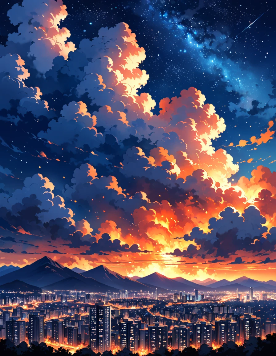 evening，The mountains are lightly covered with clouds，The fire clouds are as hot as flames，Half of the sky is dyed brilliantly。And the other side，The clouds retreated quietly，Revealing the deep blue，Starry Sky，City，High-rise