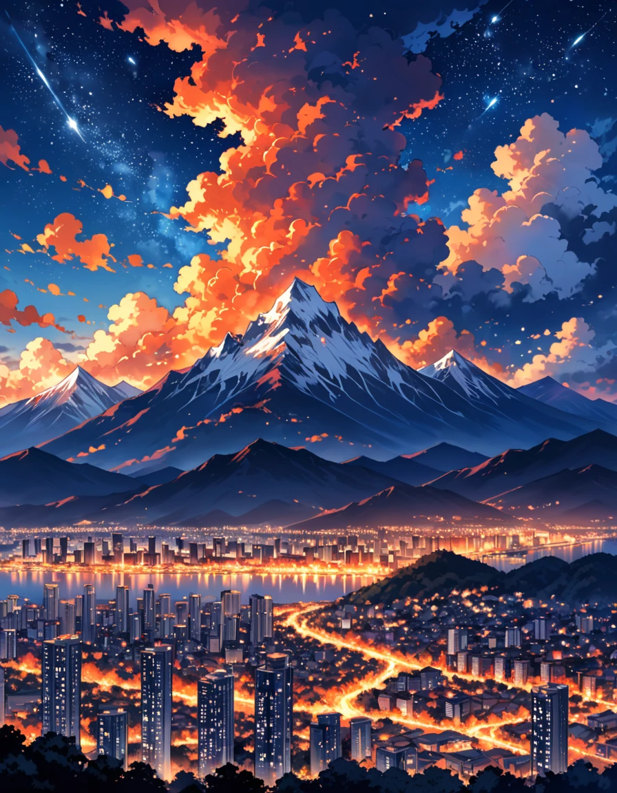 evening,The mountains are lightly covered with clouds,The fire clouds are as hot as flames,Half of the sky is dyed brilliantly。And the other side,The clouds retreated quietly,Revealing the deep blue,Starry Sky,City,High-rise