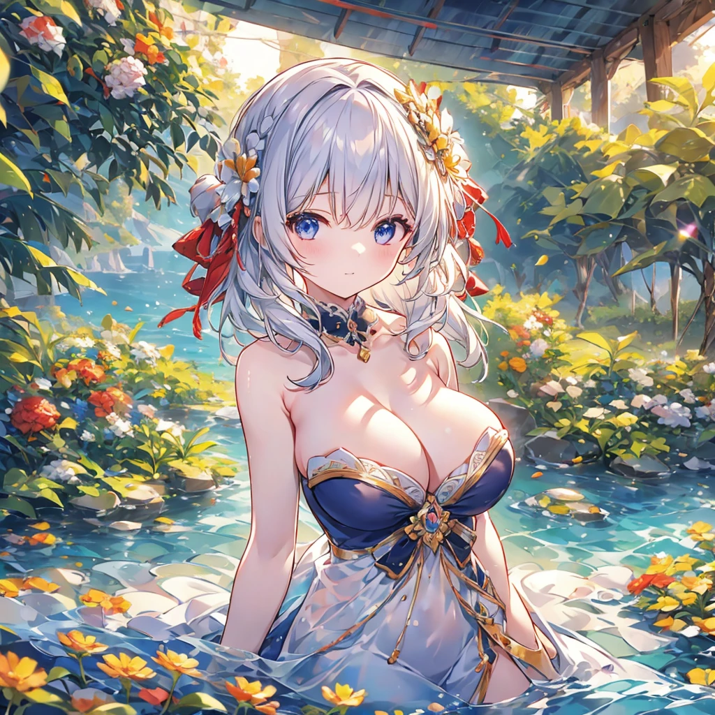 4K,High resolution, (Highly detailed CG,8k,wallpaper)、One  girl,(Littlw,naked),(Clean detailed eyes),(Huge breasts),(Huge breasts),(Huge breasts),(Huge breasts),(((Huge breasts))),(Super Breasts),(Very large breasts),(Beautiful and shapely breasts),Light-colored hair、Cute hairstyle