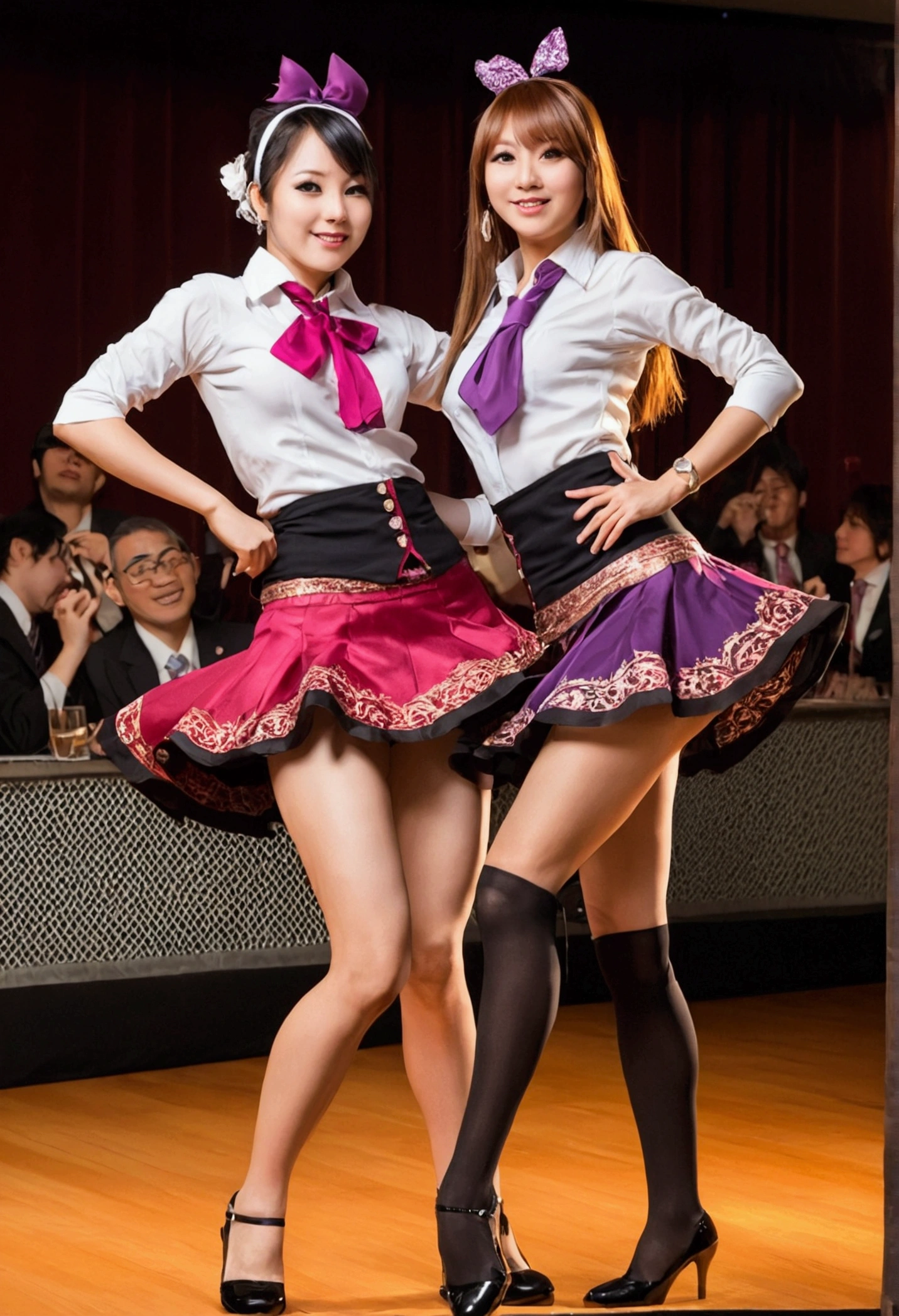 2 women,roromiya,ririchiyo, club dancer wears, miniskirt, dancing,Ascot, masterpiece, Highest quality
