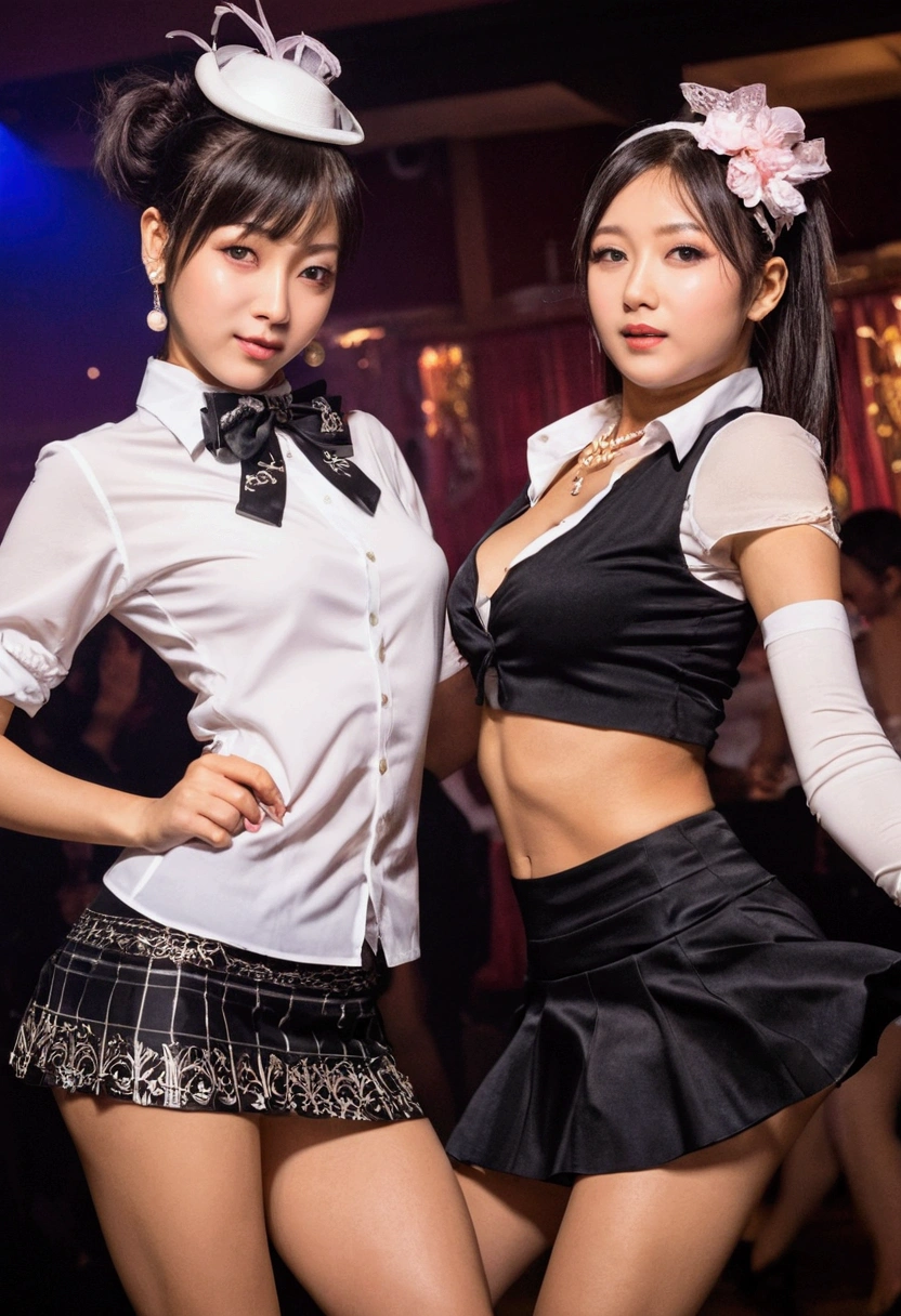 2 women,roromiya,ririchiyo, club dancer wears, miniskirt, dancing,Ascot, masterpiece, Highest quality