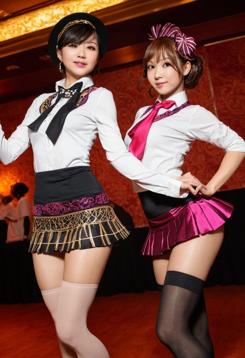 2 women,roromiya,ririchiyo, club dancer wears, miniskirt, dancing,Ascot, masterpiece, Highest quality