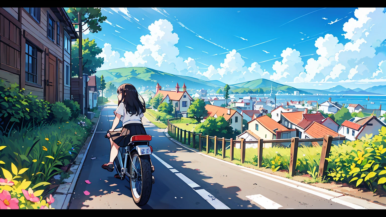 (masterpiece, best quality),1 woman, long hair,letterboxed, perfection of fashion,chapped lips, whole body, from behind,open sea,calm,Riding a classic bike down the road,coming down from the hill,Downhill road to the beach,clean sky,Clumping clouds, skirt,relaxed,A small village seen at the end of the road,looking at the village,The roads are full of flowers,view from the hill,back,Riding down a classic bike,The gaze is straight ahead, The refreshing feeling of the wind