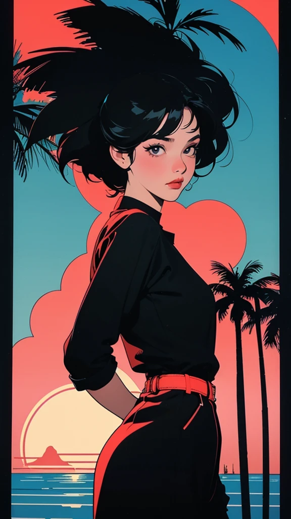 Retro Girl, Miami, sunset, Ferrari, Palm tree, the 90s, (Flat Color, flat texture, Line art:1.2), Graphical Design, (Dark ink, Ink Black),