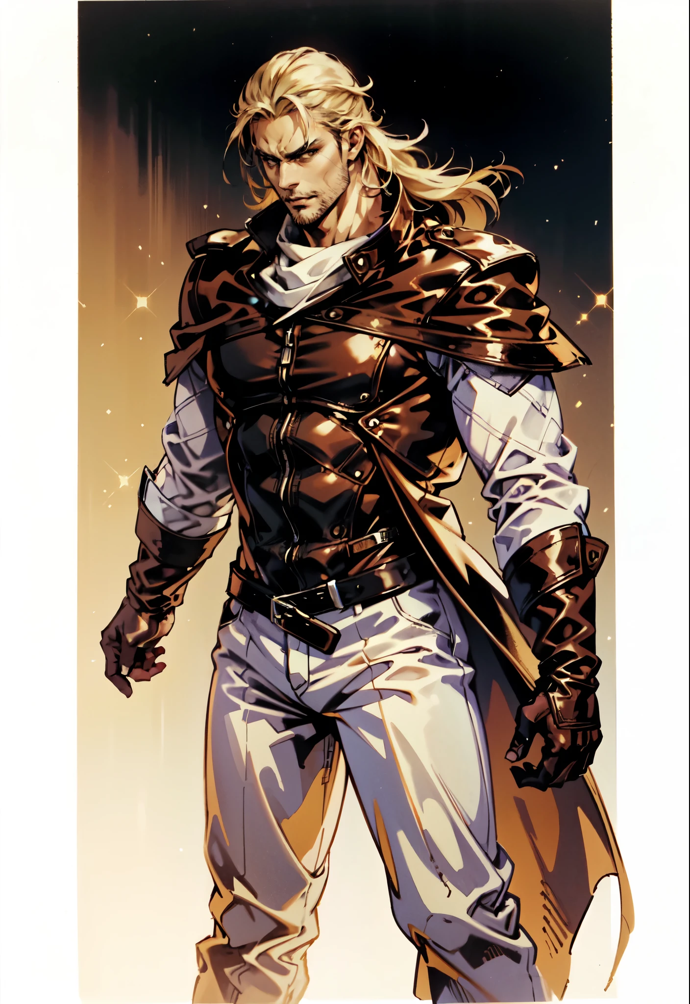 (masterpiece:1.2, best quality:1.2, extremely delicate:1.2), ((male:1.5)), a middle-aged man with slicked-back brown long hair, golden parted bangs, raised thick eyebrows, sharp eyes, rugged features, a full beard, a confident smile, tall and sturdy build, a fantasy martial arts style white open-chest silk coat with a long hem, a yellow shawl, long gloves, a leather belt, canvas trousers, standing in a sunny desert oasis, this character embodies a finely crafted fantasy martial arts style desert ruler in anime style, exquisite and mature manga art style, dramatic, high definition, highres, ultra-detailed, ultra-fine painting, professional, perfect body proportions, golden ratio, anatomically correct, symmetrical face, extremely detailed eyes and face, high quality eyes, creativity, RAW photo, UHD, 32k, Natural light, cinematic lighting, (masterpiece-anatomy-perfect:1.2)