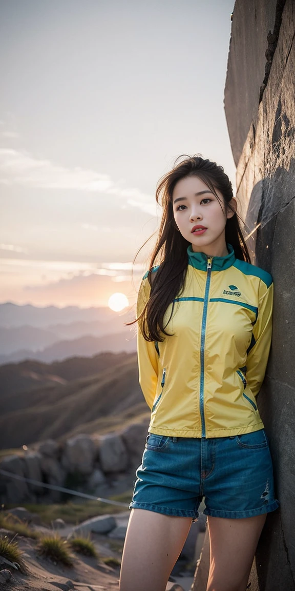 National Foundation, Ray Tracing, Radio City, Anisotropic filtering, 16,000, best quality, 1 girl, Solitary, Mature, Beautiful climber, Shorts mountaineering clothes, Gradient long hair, Mountaineering equipment、lol、orange sunset、Large bust、valley
