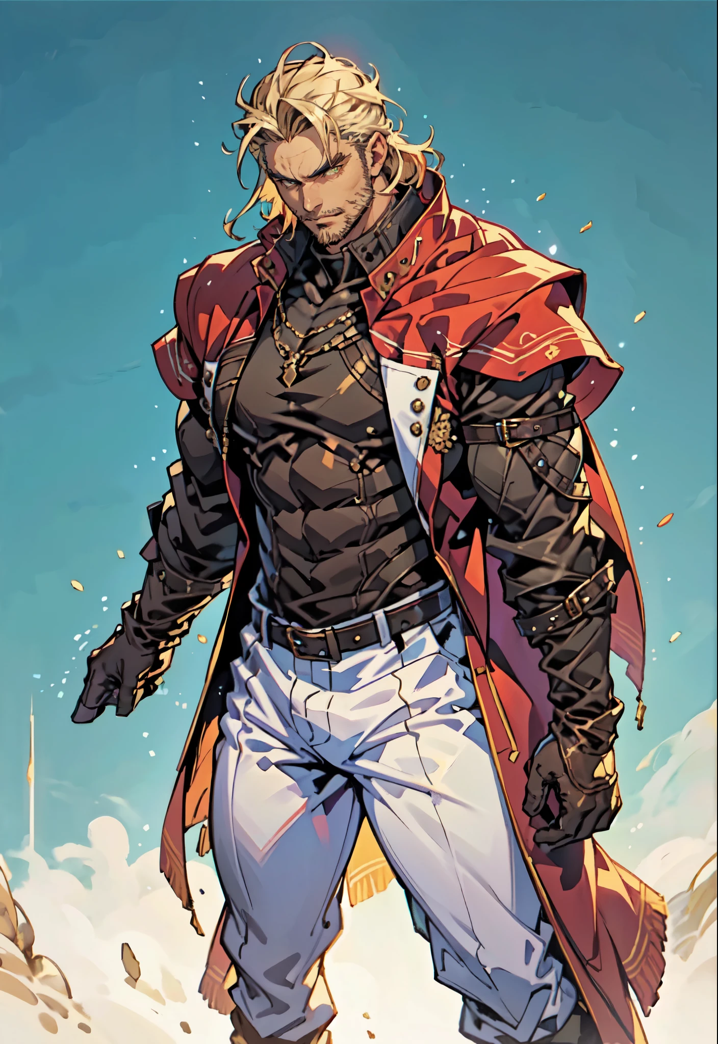 (masterpiece:1.2, best quality:1.2, extremely delicate:1.2), ((male:1.5)), a middle-aged man with slicked-back brown long hair, golden parted bangs, raised thick eyebrows, sharp eyes, rugged features, a full beard, a confident smile, tall and sturdy build, a fantasy martial arts style white open-chest silk coat with a long hem, a yellow shawl, long gloves, a leather belt, canvas trousers, standing in a sunny desert oasis, this character embodies a finely crafted fantasy martial arts style desert ruler in anime style, exquisite and mature manga art style, dramatic, high definition, highres, ultra-detailed, ultra-fine painting, professional, perfect body proportions, golden ratio, anatomically correct, symmetrical face, extremely detailed eyes and face, high quality eyes, creativity, RAW photo, UHD, 32k, Natural light, cinematic lighting, (masterpiece-anatomy-perfect:1.2)