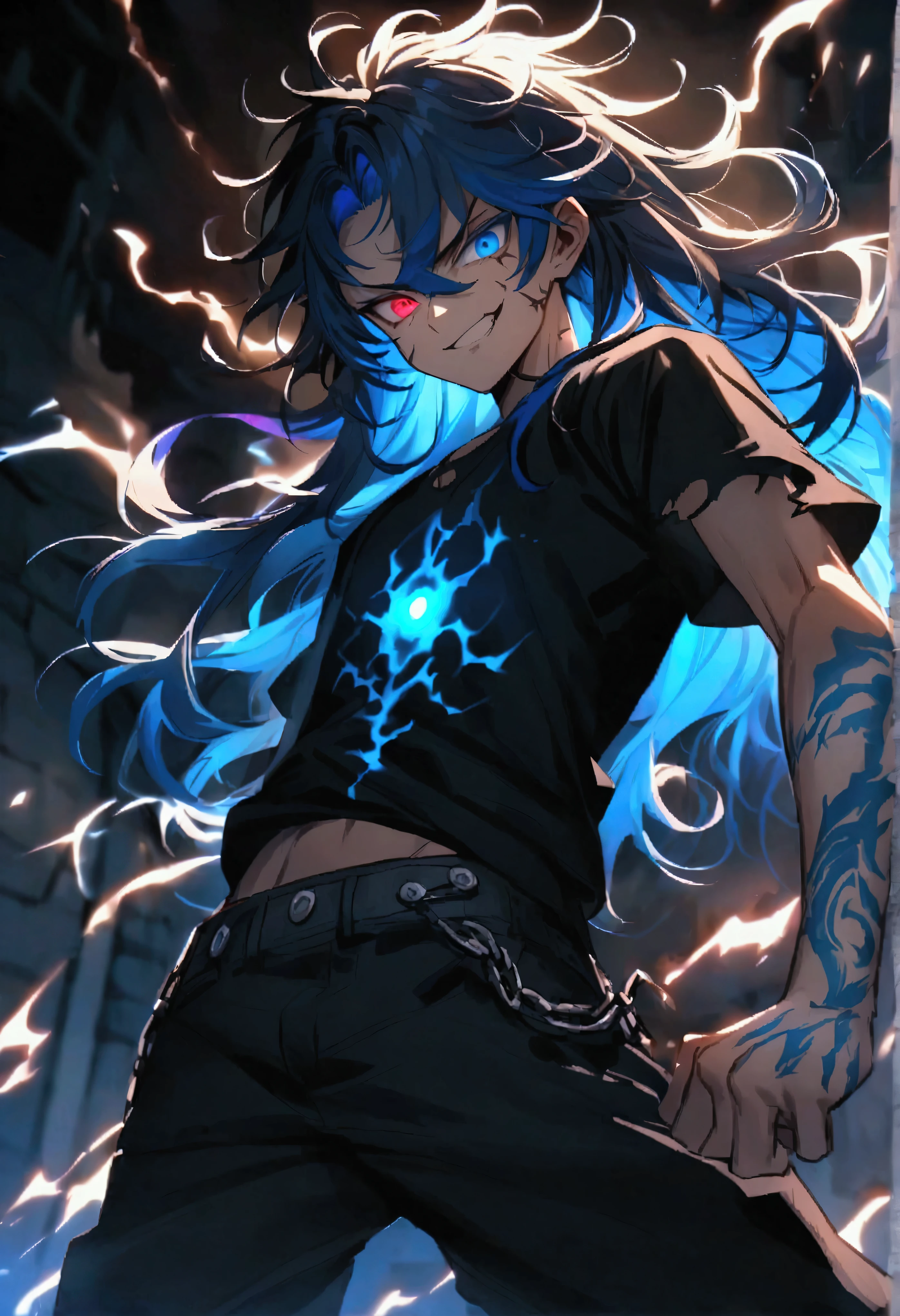 age boy, Messy hair, long hair, multicolored bright black and blue hair, evil grin, black and blue eyes heterochromia, black loose ripped shirt, dark brown ripped pants, blue tattoos on the body, intense electric aura around the character.