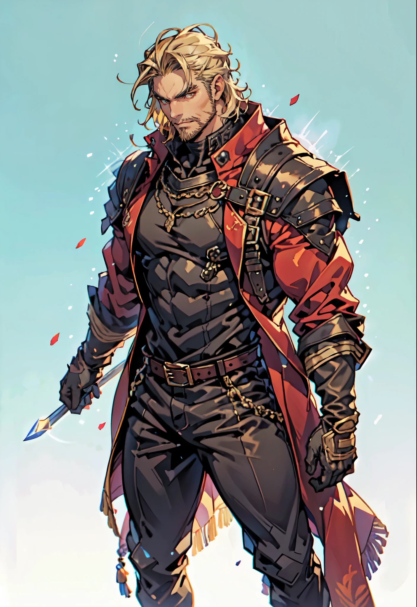 (masterpiece:1.2, best quality:1.2, extremely delicate:1.2), ((male:1.5)), a middle-aged man with slicked-back brown long hair, golden parted bangs, raised thick eyebrows, sharp eyes, rugged features, a full beard, a confident smile, tall and sturdy build, a fantasy martial arts style white open-chest silk coat with a long hem, a yellow shawl, long gloves, a leather belt, canvas trousers, standing in a sunny desert oasis, this character embodies a finely crafted fantasy martial arts style desert ruler in anime style, exquisite and mature manga art style, dramatic, high definition, highres, ultra-detailed, ultra-fine painting, professional, perfect body proportions, golden ratio, anatomically correct, symmetrical face, extremely detailed eyes and face, high quality eyes, creativity, RAW photo, UHD, 32k, Natural light, cinematic lighting, (masterpiece-anatomy-perfect:1.2)