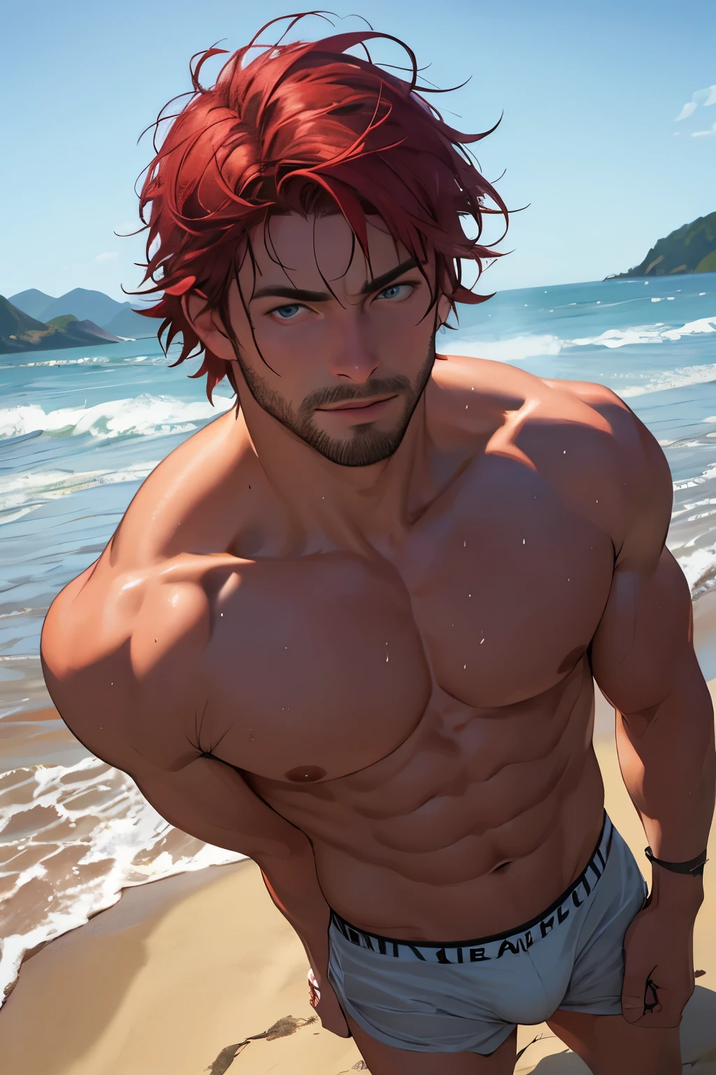 (Best quality), (realistic, photo-realistic:1.3), masterpiece, very courageous and courageous, extremely detailed, 2k wallpaper, amazing, finely detail, extremely detailed, 8k wallpaper, huge file size, ultra detailed, a high resolution, absurdity, soft light, Tan skin, detailed fingers, extremely detailed eyes and face, beautiful detailed nose, beautiful detailed eyes, Light on your face, I look at the viewer, (1 person, mature face), realistic face, realistic body, underwear, shirtless, big bulge on underwear, man, 30 years, very short haircut, shaved temples, Red hair, Blue eyes, thick stubble, short beach trunks, full length, beach, full height of the character, wet body, wet underwear,