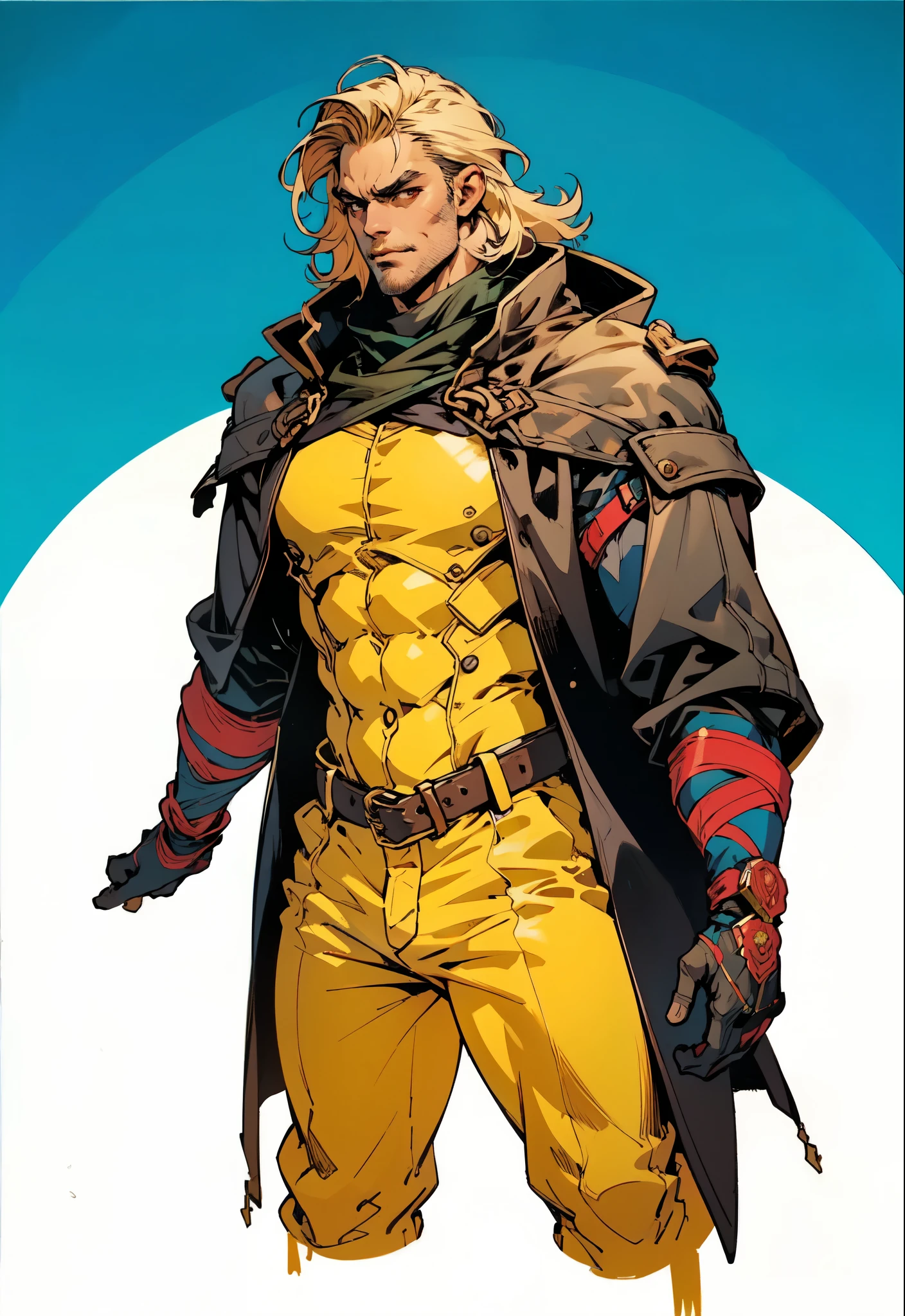 (masterpiece:1.2, best quality:1.2, extremely delicate:1.2), ((male:1.5)), a middle-aged man with slicked-back brown long hair, golden parted bangs, raised thick eyebrows, sharp eyes, rugged features, a full beard, a confident smile, tall and sturdy build, a fantasy martial arts style white open-chest silk coat with a long hem, a yellow shawl, long gloves, a leather belt, canvas trousers, standing in a sunny desert oasis, this character embodies a finely crafted fantasy martial arts style desert ruler in anime style, exquisite and mature manga art style, dramatic, high definition, highres, ultra-detailed, ultra-fine painting, professional, perfect body proportions, golden ratio, anatomically correct, symmetrical face, extremely detailed eyes and face, high quality eyes, creativity, RAW photo, UHD, 32k, Natural light, cinematic lighting, (masterpiece-anatomy-perfect:1.2)