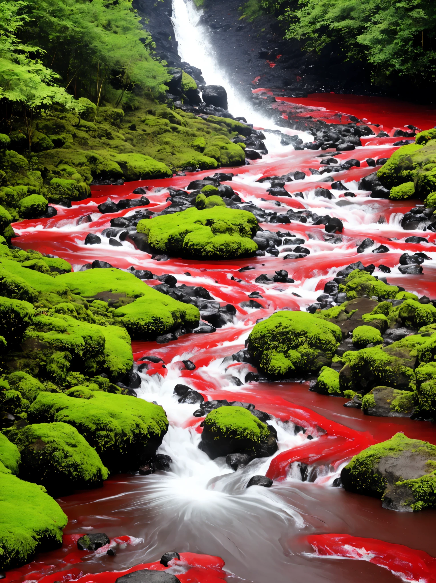 arafed stream of red water flowing through a lush green valley, lava river, red lava rivers, bloody river in hell, some red water, one million lave rivers, river of blood, lava rivers, pink slime everywhere, rivers of blood, red water, cant believe it is real, with a river running through it, vortex river