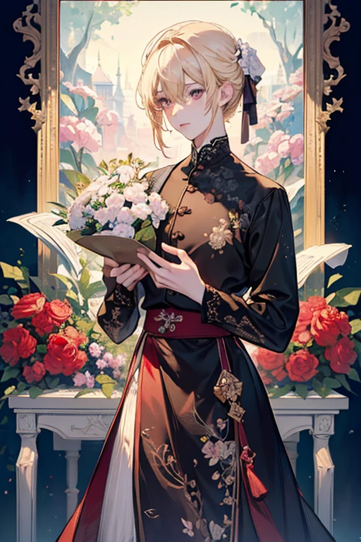 Very delicate and beautiful, wonderful, In detail, masterpiece, Very detailed, High resolution,Best illustrations, Best Shadow,Complex,Sharp focus,  high quality, 1 male, alone, Blonde. Red eyes, Kaveh Genshin Impact, Florist's storefront, Potted flowers, Flowers for sale