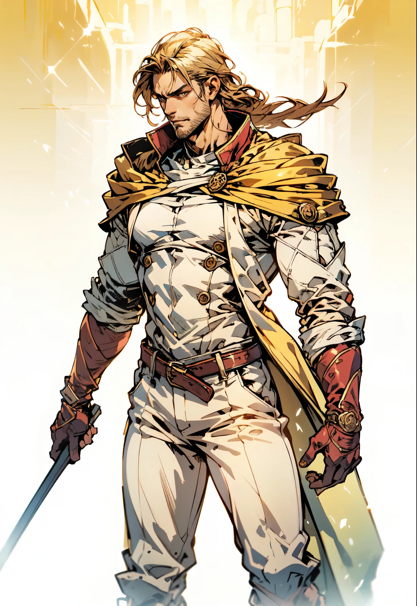 (masterpiece:1.2, best quality:1.2, extremely delicate:1.2), ((male:1.5)), a middle-aged man with slicked-back brown long hair, golden parted bangs, raised thick eyebrows, sharp eyes, rugged features, a full beard, a confident smile, tall and sturdy build, a fantasy martial arts style white open-chest silk coat with a long hem, a yellow shawl, long gloves, a leather belt, canvas trousers, standing in a sunny desert oasis, this character embodies a finely crafted fantasy martial arts style desert ruler in anime style, exquisite and mature manga art style, dramatic, high definition, highres, ultra-detailed, ultra-fine painting, professional, perfect body proportions, golden ratio, anatomically correct, symmetrical face, extremely detailed eyes and face, high quality eyes, creativity, RAW photo, UHD, 32k, Natural light, cinematic lighting, (masterpiece-anatomy-perfect:1.2)