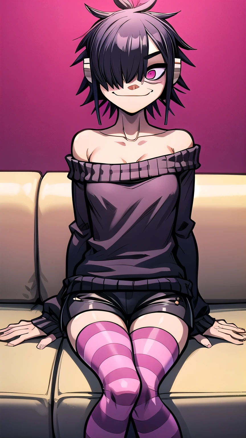 masterpiece, best quality, 1girl, solo, looking at the viewer, black hair highlighted with pink color, pink eyeballs, sharp nose, smiling, collarbone, hair over one eye, oversize long sleeve sweater, bold lines, short pants, black stocking with white stripes, sitting on a couch, wearing headphone, cowboy shot, street art on the wall, gorillaz style