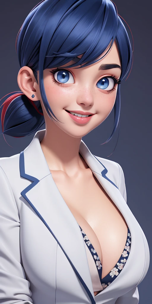 Dark blue, bob-cut hair with red-tipped ponytail, blue eyes, light makeup with winged eyeliner, neutral expression, white shirt with floral design, gray blazer, -up view, , huge , Blush, Tongue Out, Smile, Simple background, Anime Style, 