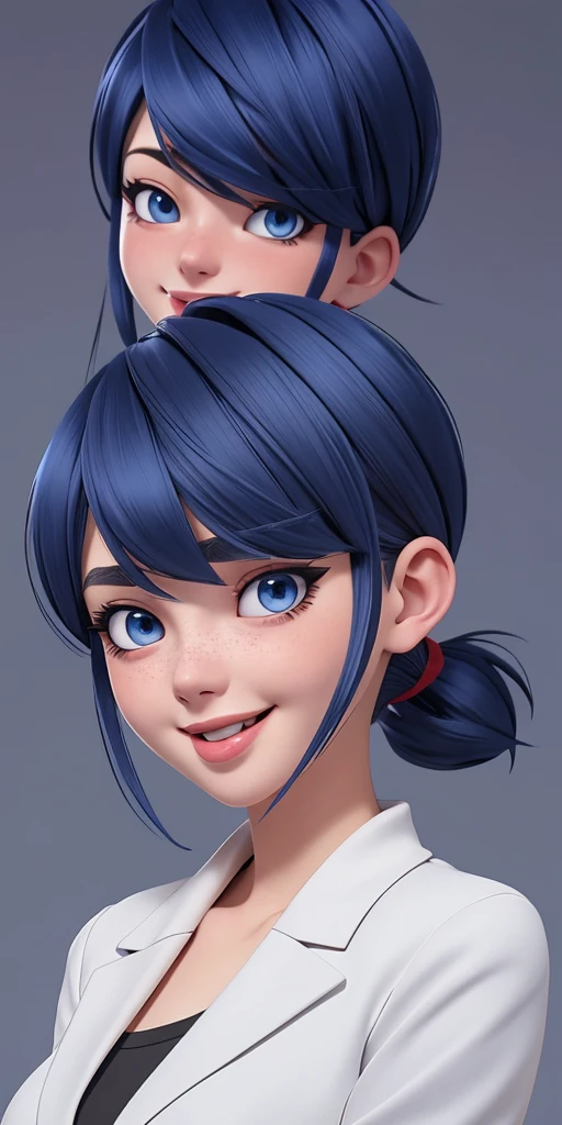 Dark blue, bob-cut hair with red-tipped ponytail, blue eyes, light makeup with winged eyeliner, neutral expression, white shirt with floral design, gray blazer, chest-up view, huge breasts, huge ass, Blush, Tongue Out, Smile, Simple background, Anime Style, 