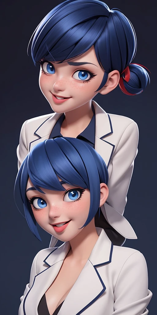 Dark blue, bob-cut hair with red-tipped ponytail, blue eyes, light makeup with winged eyeliner, neutral expression, white shirt with floral design, gray blazer, chest-up view, huge breasts, huge ass, Blush, Tongue Out, Smile, Simple background, Anime Style, 