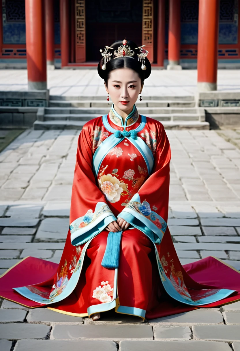 A woman seen from the front, sitting on the ground facing forward with her legs apart. Empress of the Qing Dynasty, Chinese imperial court. The Chinese empress is wearing a crown and a red Manchu dress with a floral pattern, open at the front, exposing her chest, lower abdomen, thighs and feet.。She is wearing no underwear, and her large breasts are exposed, right down to her bare stomach. Her hair is tied up and pulled up, and the background is the stone pavement of the Chinese palace of the Qing Dynasty.