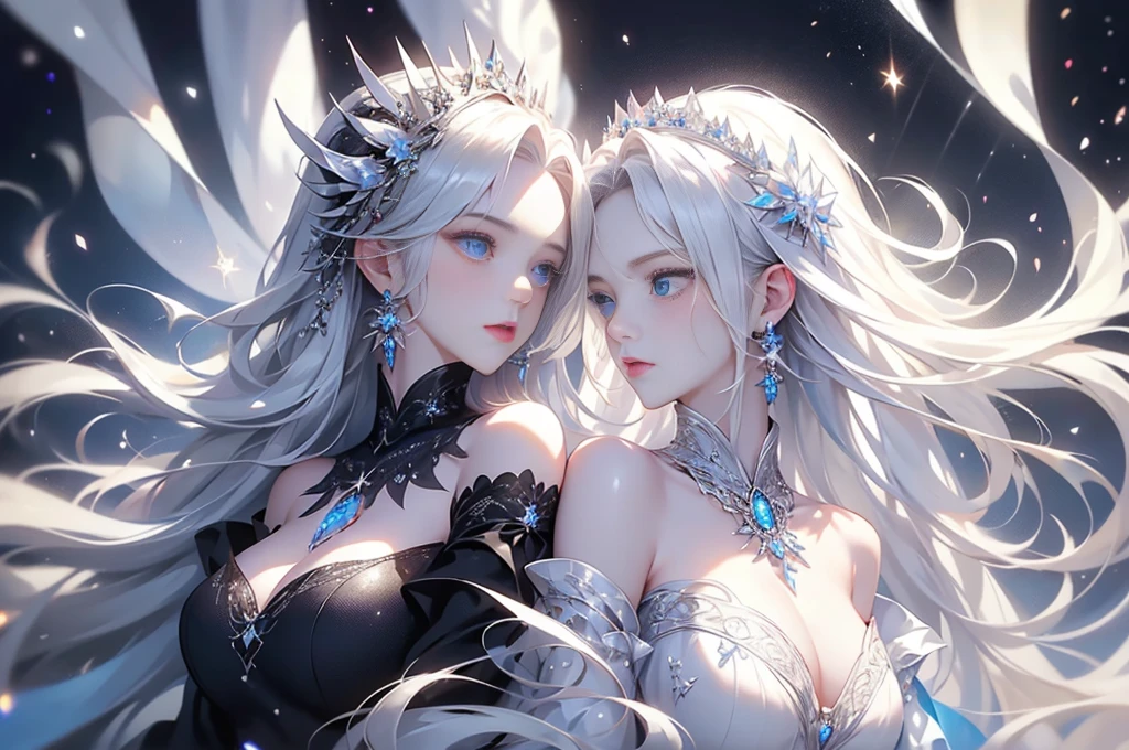 Night view,star,（White Haired Girl:1.5）,（（masterpiece））、（detailed：1.4）、（Backlight）(A fantastic atmosphere、Ancient Capital、Amazing beauty images,One Woman、white dust、Light and dance-like、Suspended particles), (Black Dress、Long dress with sleeves、Expose your shoulders、Off the shoulder)、（Gray hair that changes with light、length, Lustrous gray hair、WHITE hair fluttering in the wind、Beautiful Bangs:1.3）、（Beautiful white and shining skin、Cheek Gloss Highlighter、Sexy and very beautiful and adorable face、The most beautiful face in the world、big, Sparkling Blue Eyes）、（Cute 25 year old girl、Beautiful medium sized breasts、Great cleavage, Narrow waist、Delicate shoulders、Slim figure）
