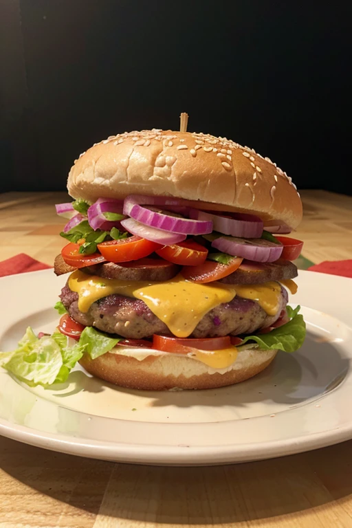 succulent burger with tomato, queso, lettuce, onion, meat,