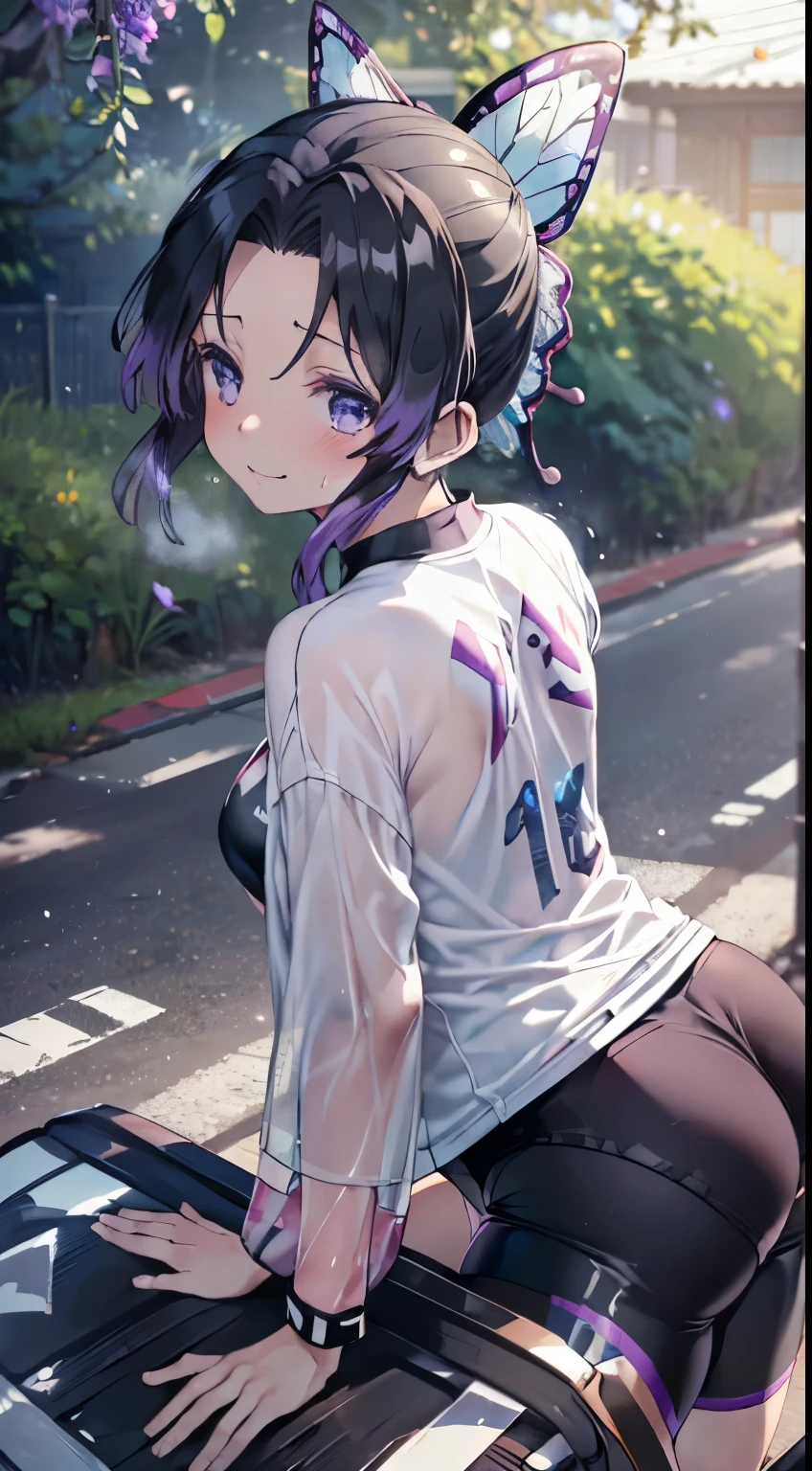kochou shinobu, (((((Road bike))))), (((Cycling Shorts, Cycling shirts))), (((((bicycleに乗る))))), ((((((Straddle the saddle)))))), whole body, boost mood, Ultra-realistic 8K CG，masterpiece,, （（Highly detailed background，Delicate pattern，Intricate details, Fine and beautiful eyes）），The best quality in the best condition，とてもとてもとても詳細なface， Highly detailed eyesとface，Highly detailed eyes，kochou shinobu，Multicolored Hair，No bangs，Hair Intake，, Purple eyes，，erfly，band，（熱band庭園：1.2），Purple Flower，mostly cloudy null，Tyndall effect，slope_null，face，beautiful null，，Seductive posture，（Clea)， woman,15 years oldo underwear, cute, (((Cycling Shorts))),,Laughing with your mouth open, ((Sweat))(See through),((bicycle)),((Black Hair)),blush,((Recall))(Sweatで濡れた)Reflecting the buttocks,bicycleのスパッツ, M