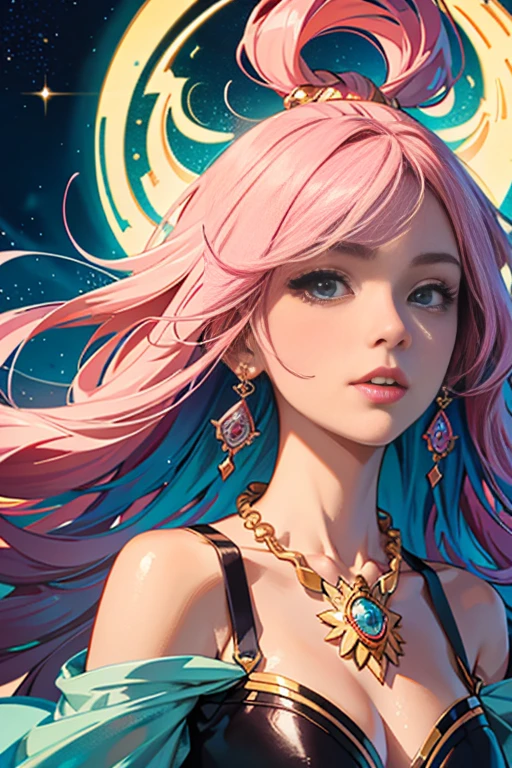 Close-up of a woman with showy hair and necklace, anime girl with cosmic hair, The gentle vitality of Rossdraws, Gouviz style artwork, fantasy art style, showy], vibrant fantasy style, Ross&#39;s cartoon draws full of energy., cosmic and showy, guweiz, showy digital fantasy art, Stunning art style, Beautiful anime style, White skin, evening coat,