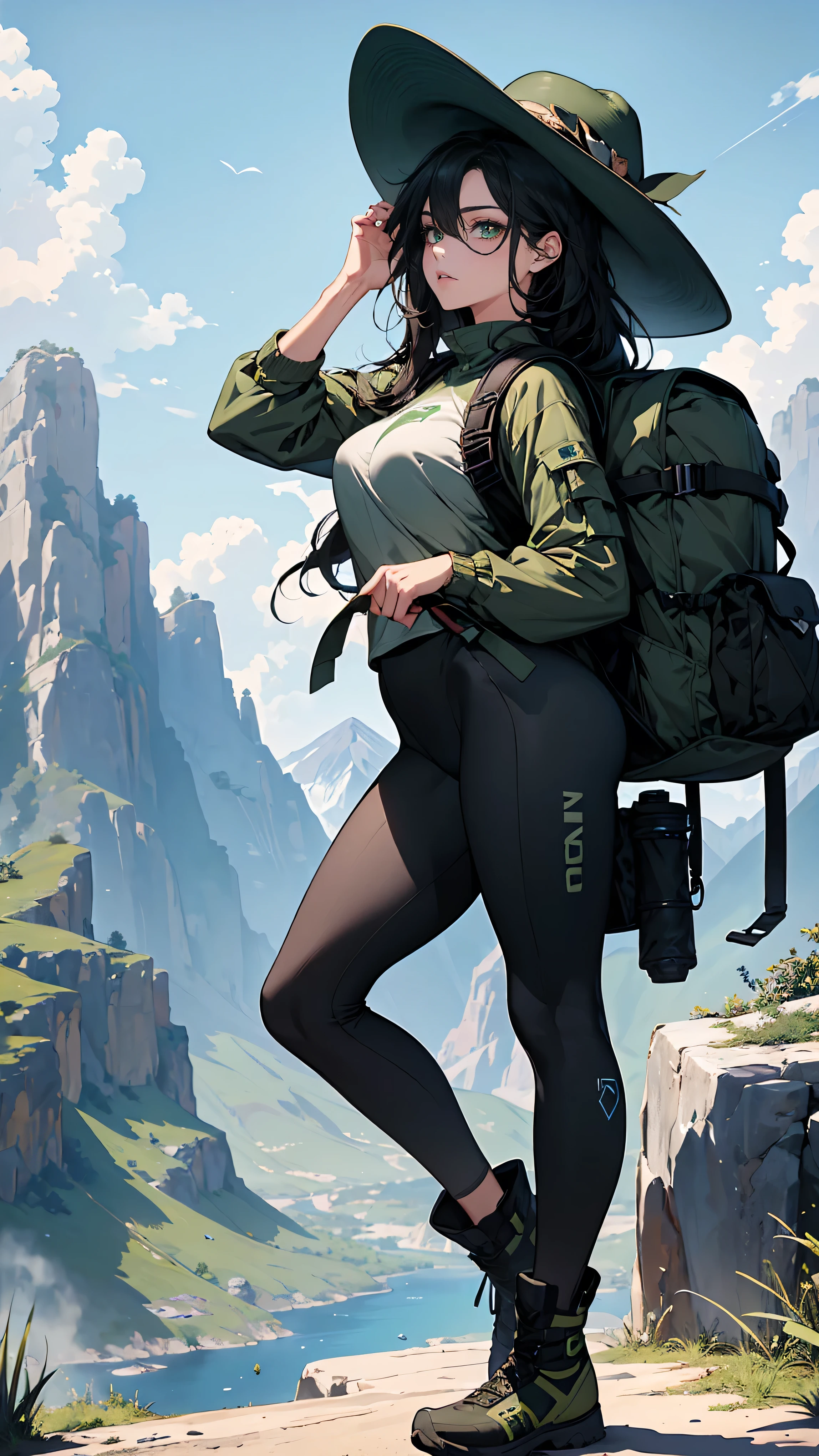 (masterpiece, best quality, High resolution, Super detailed),(beautiful and beautiful:1.2), (1 female), aldult, Perfect body, black wavy hair, ((Green eyes)), Detailed eyes and face, (whole body),  Hiking adventure equipment: moisture wicking leggings, Top performance, Hiking boots, Backpack, wide hat, Sun Glasses