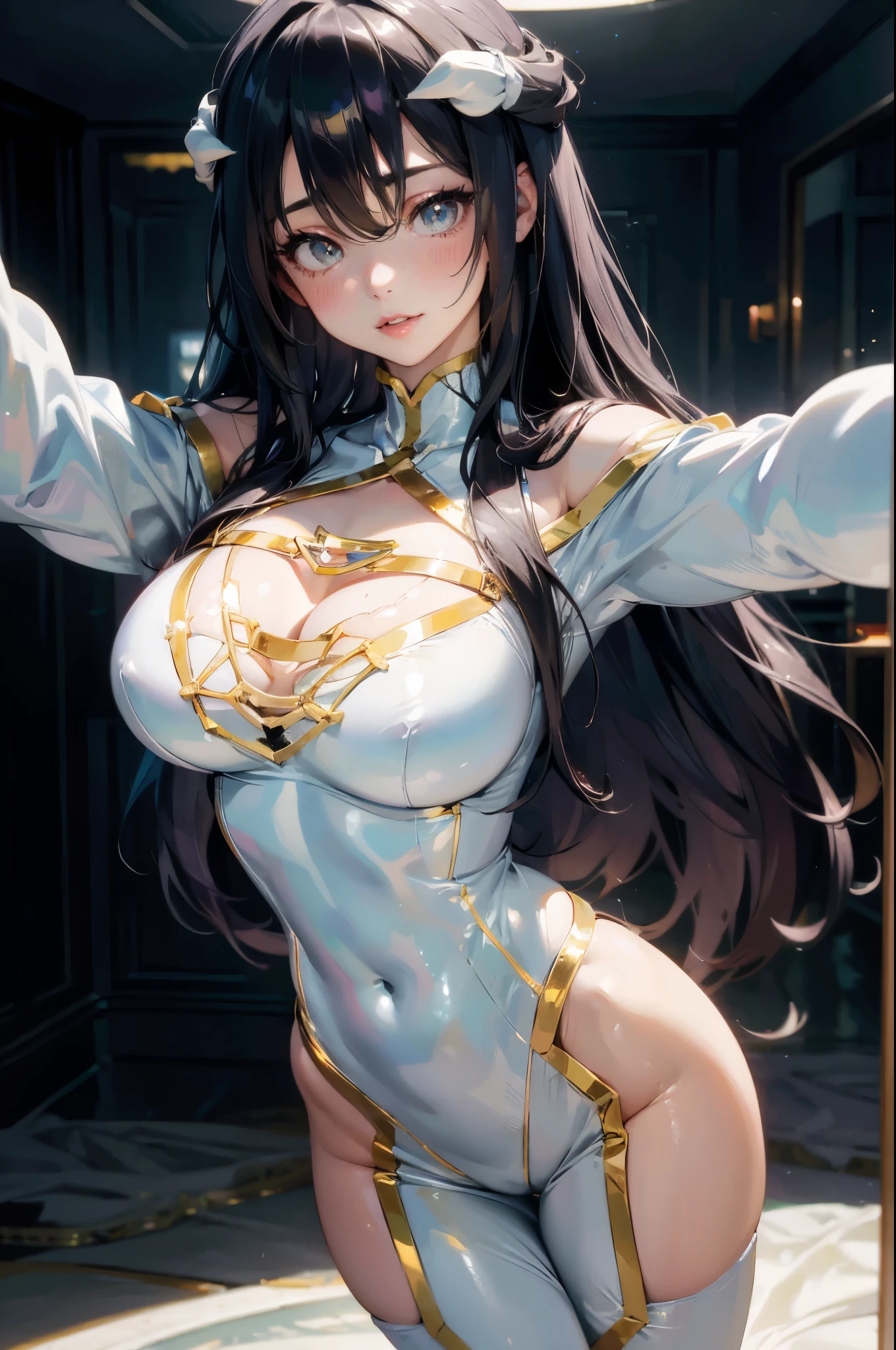 masterpiece, 1 girl, High Detail, cheer up, Perfect face, Realistic rendering, Cotton bodysuit, Bodycon Dress, Long sleeve, Cover chest, Standing in the bedroom, Hourglass shape, Slim waist, whole body:2.0, huge乳房, Tight clothing, Realistic skin texture, Perfect skin, Toned arms, Perfect legs, 8K, Ultra-high resolution, Sexy pose, Bangs, Lovely smile, big eyes, Double eyelids, Zoom out, Selfie Angle,huge , Crazy breast swelling, Chest larger than shoulder blades, Big breasts and thin waist,(huge breasts:1.2),Hydrated skin((rogue))((非常huge乳房)),((Grooves reveal original skin))((Open your legs))