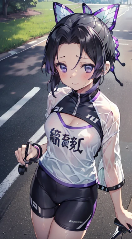kochou shinobu, (((((Road bike))))), (((Cycling Shorts, Cycling shirts))), (((((bicycleに乗る))))), ((((((Road bikeに跨る)))))), whole body, boost mood, Ultra-realistic 8K CG,masterpiece,, ((Highly detailed background,Delicate pattern,Intricate details, Fine and beautiful eyes)),The best quality in the best condition,とてもとてもとても詳細なface, Highly detailed eyesとface,Highly detailed eyes,kochou shinobu,Multicolored Hair,No bangs,Hair Intake,, Purple eyes,,butterfly,band,(熱band庭園:1.2),Purple Flower,mostly cloudy null,Tyndall effect,slope_null,face,beautiful null,,Seductive posture,(Cleavage:1.3), woman,15 years old,Road bike,No underwear, cute, (((Cycling Shorts))),,Laughing with your mouth open, ((Sweat))(See through),((bicycle)),((Black Hair)),blush,((Recall))(Sweatで濡れた)Reflecting the buttocks,bicycleのスパッツ, Mountain