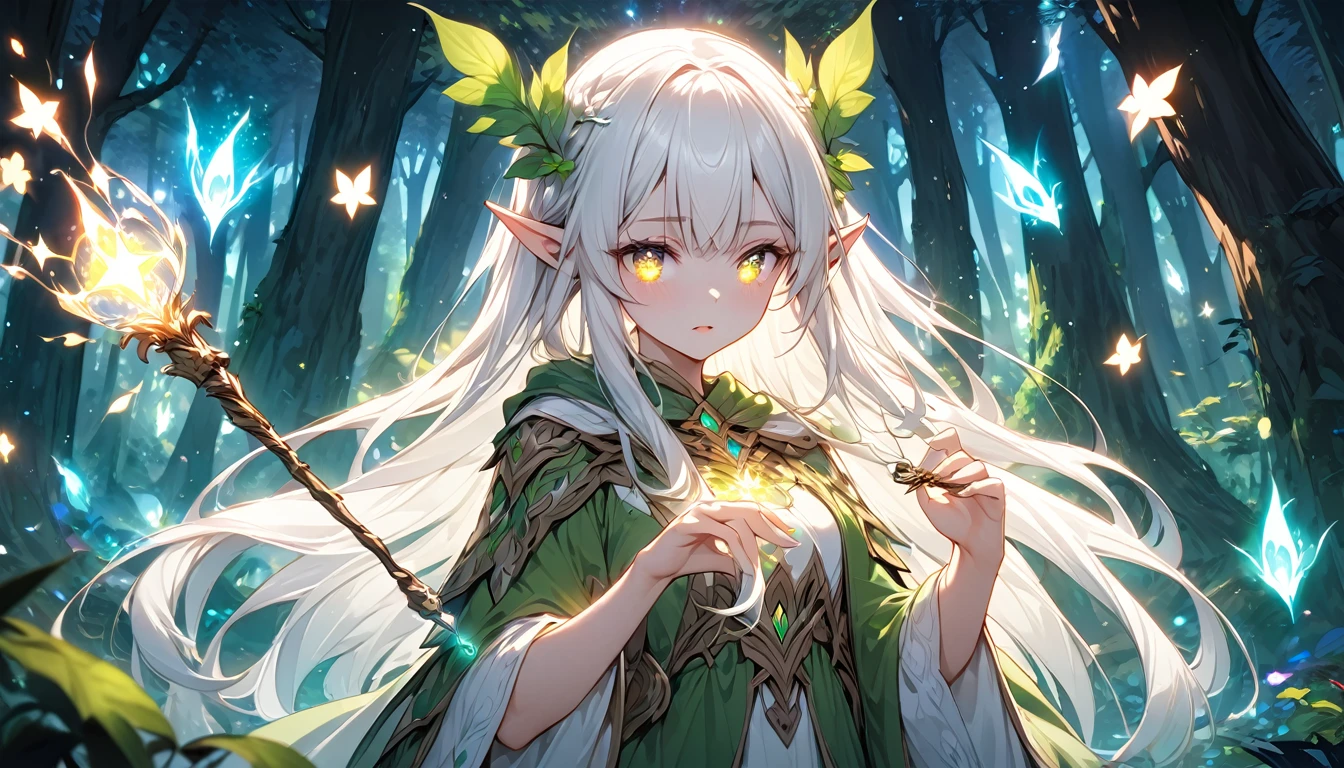 **95. One person。mysterious。Long-haired white-haired girl。Cowboy shot or close-up。
masterpiece , best quality , ultra detailed
(Detailed fingers), (Emotional), (Breathtakingly beautiful), (main part: 1.2 Whole body.), (Anime Style), (Very detailed), (Brutal), (超High resolution, High resolution), (8k), (High resolution: 1.2), (Complex and beautiful: 1.2)**
- background: Fantasy Forest、Animals gather。
- Long-haired white-haired girl: Delicately drawn elven costume、Sparkling Eyes。I have a magic wand in my hand。
- Effects: Light emanating from the wand、A magical aura hangs over the forest。