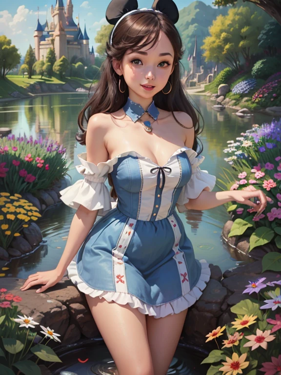 (masterpiece), (Best Quality), (extremely detailed), alicia lidell, Blue dress, White apron, black headband, Long white socks, Linda Pose, in a flower garden, (pond), (((Disney castle in the background))), (blue sky), (sunny day), 3D. illustration, Good highlights, perfect proportions, dynamic, professional, awarded, (very detailed skin), (Very detailed face), photorealistic, HdR, ultra high resolution, absurdities, perfect body shape, Nice smile, perfect chest
