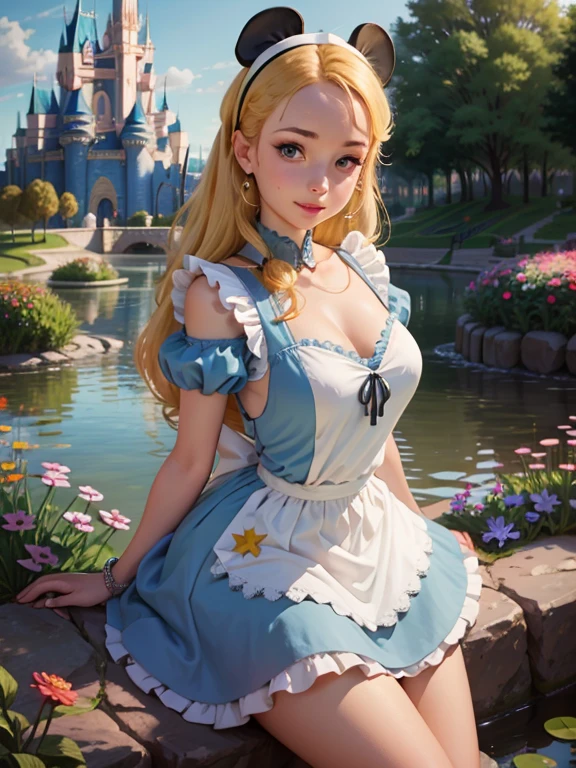 (masterpiece), (Best Quality), (extremely detailed), alicia lidell, Blue dress, White apron, black headband, Long white socks, Linda Pose, in a flower garden, (pond), (((Disney castle in the background))), (blue sky), (sunny day), 3D. illustration, Good highlights, perfect proportions, dynamic, professional, awarded, (very detailed skin), (Very detailed face), photorealistic, HdR, ultra high resolution, absurdities, perfect body shape, Nice smile, perfect chest