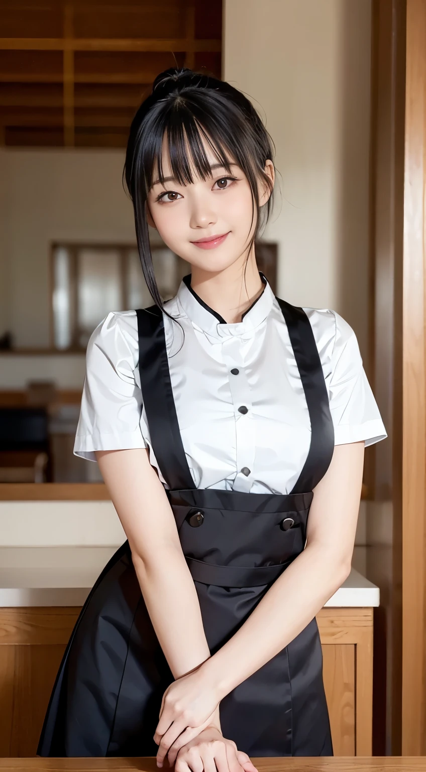 (Highest quality,masterpiece:1.3,Ultra-high resolution,),(Very detailed,Caustics),(Realistic:1.4,RAW shooting,)Ultra-Realistic Capture,Very detailed,High resolution 16K human skin closeup。 Natural skin texture、,pores、、、、It must be detailed enough to be easily identifiable。 Skin tone is even and healthy looking。 Use natural light and colour,restaurant,Waitress Uniform,1 girl,Japanese,18-year-old,cute,Black-haired,ponytail,Big Breasts,smile,Turn your body forward,(Front view:1.1),Looking into the camera,Cowboy Shot,