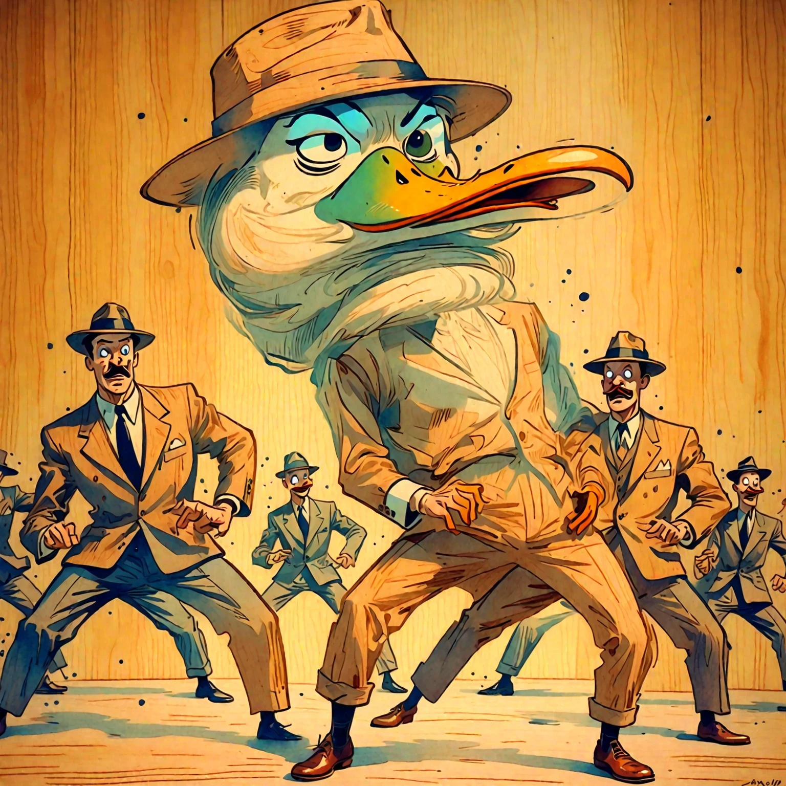 dim glow, wood burning art, natural wooden color tones, wooden texture, absurd, silly, dance, duck dance, 1990's rotoscope, hand drawn, dancing, cartoonish, stylish, expressive bold ink line style splash page cover art, 1940's watercolor, cohesive singular concise illustration film screengrab, minimal, serene, perfect, strange, candid, cinematic, surreal
