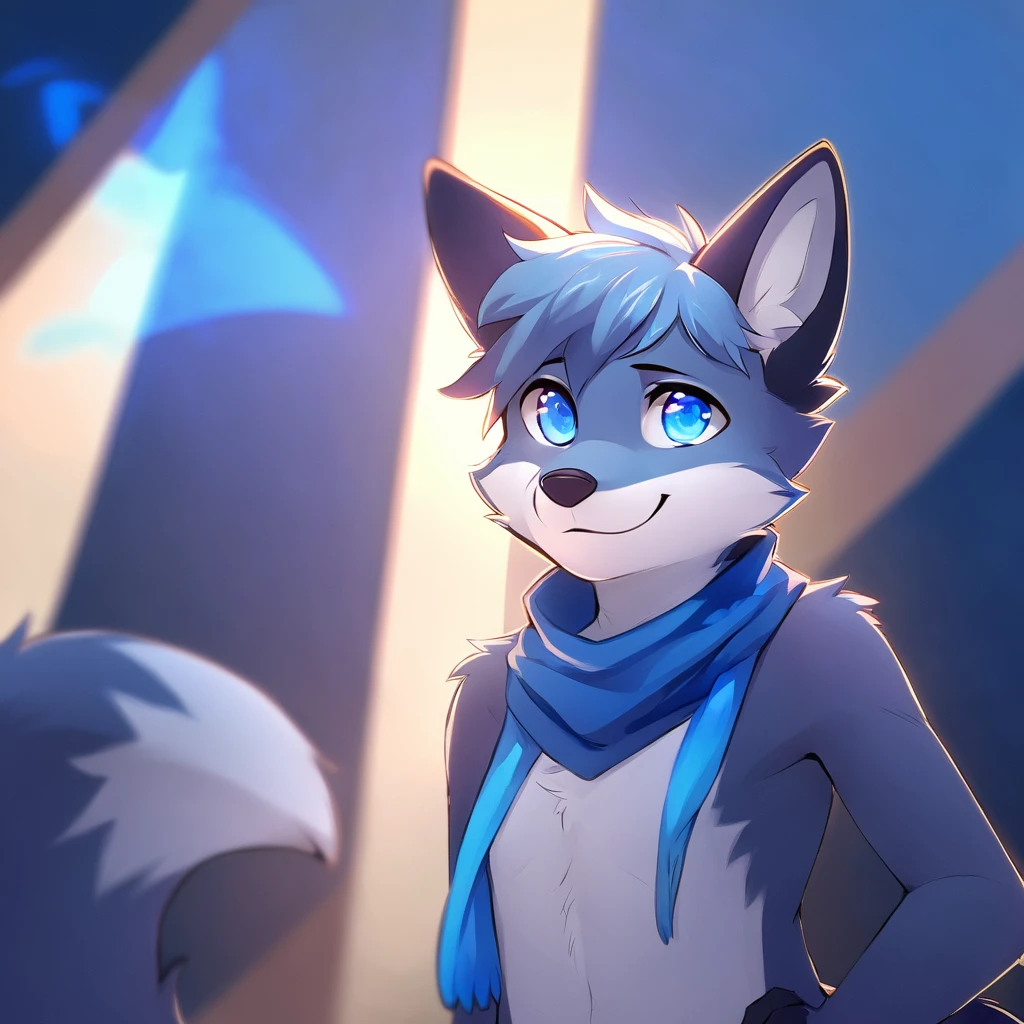 ,
furry male, furry, solo, animal ears, 1boys, tail, blue hair, half body, white fur, body fur, two-tone fur, short hair, blue fox ears, head down,, animal nose, fox tail, blue fur, blue scarf, hand on own hip,smile,blue glowing fox eyes