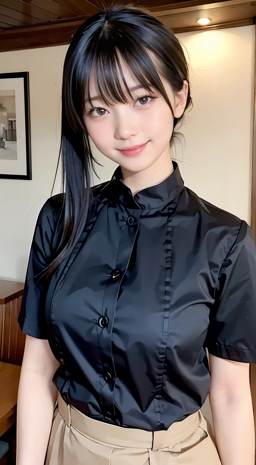 (Highest quality,masterpiece:1.3,Ultra-high resolution,),(Very detailed,Caustics),(Realistic:1.4,RAW shooting,)Ultra-Realistic Capture,Very detailed,High resolution 16K human skin closeup。 Natural skin texture、,pores、、、、It must be detailed enough to be easily identifiable。 Skin tone is even and healthy looking。 Use natural light and colour,restaurant,Waitress Uniform,1 girl,Japanese,18-year-old,cute,Black-haired,ponytail,Big Breasts,smile,Turn your body forward,(Front view:1.1),Looking into the camera,Cowboy Shot,